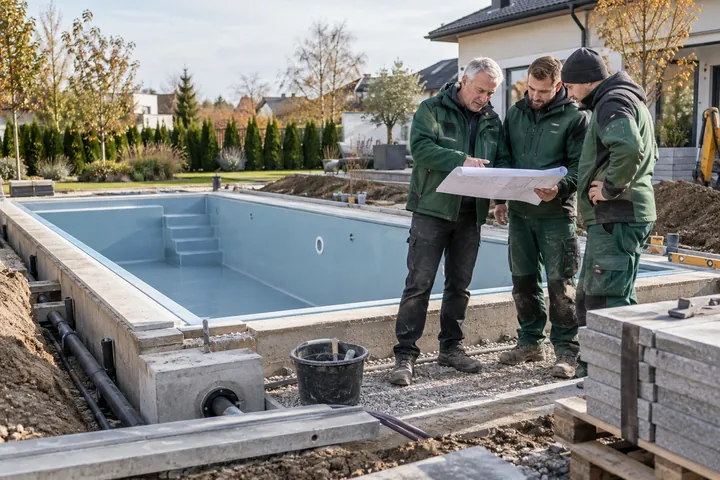 Projektleiter und Poolbauteam stimmen die Ausführung auf der Baustelle ab