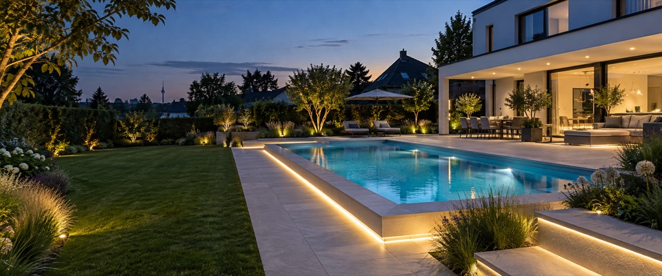 Beleuchteter Gartenpool mit Terrasse, Bepflanzung und indirekter Außenbeleuchtung