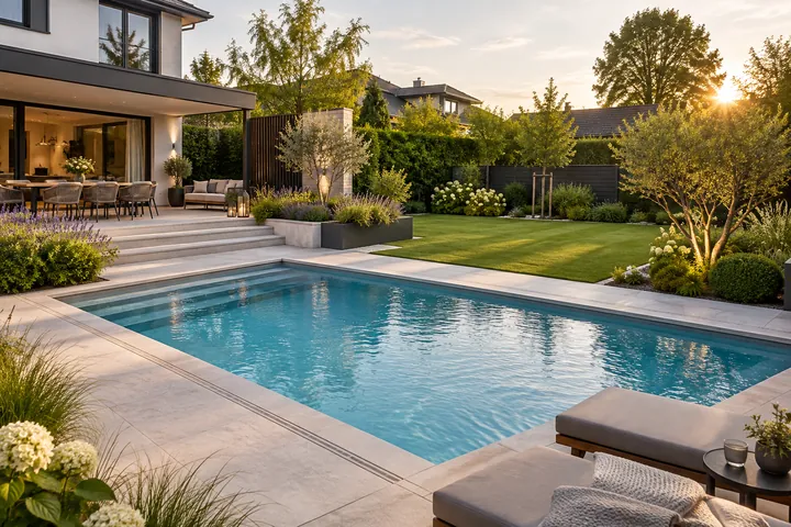 Fertig gestalteter Garten mit Pool